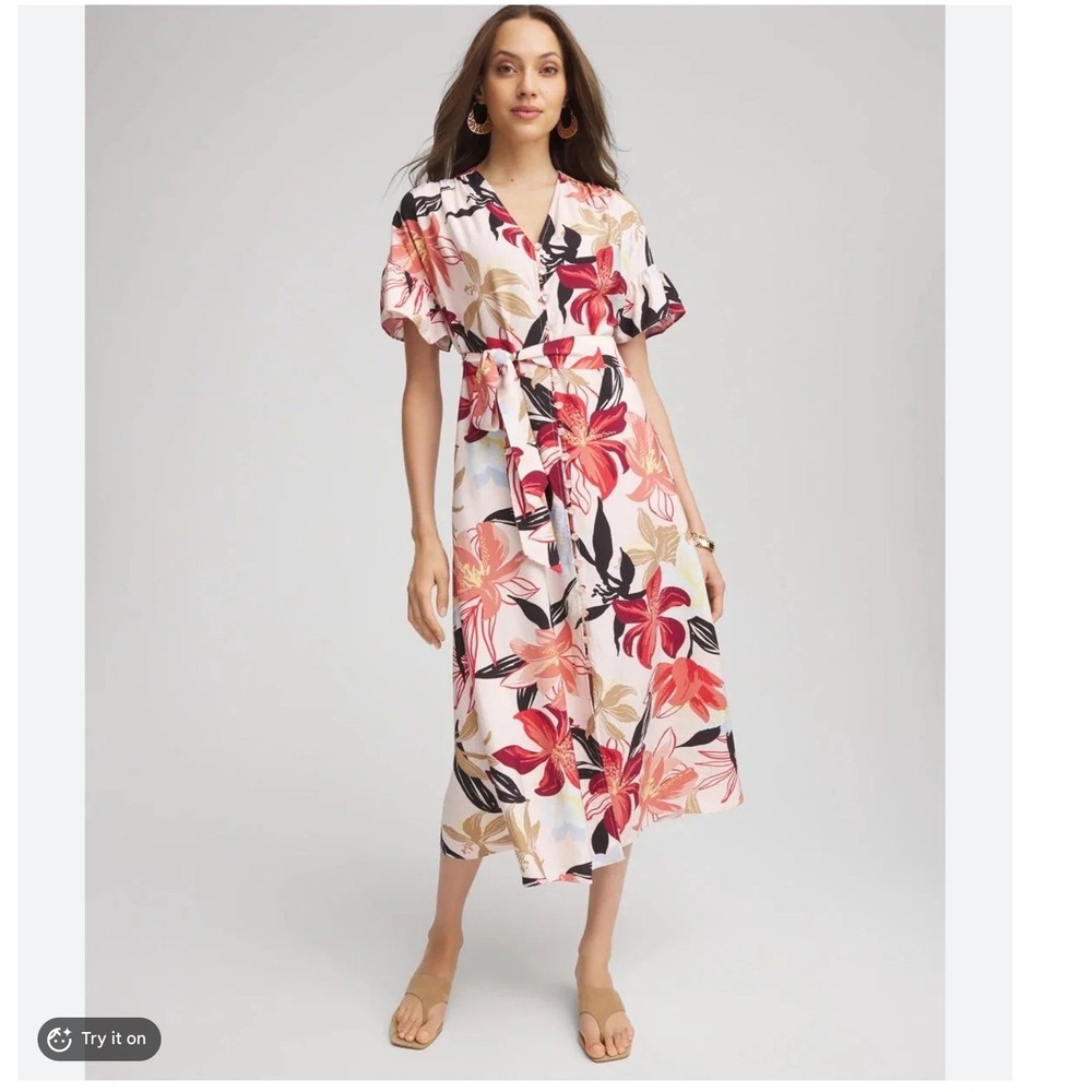 Chicos Women Midi Shirt Dress 10 Pink Floral Garden Party Boho Beach Work Office